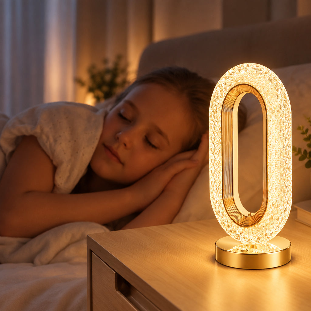 Woman sleeping with a decorative lamp on a nightstand.