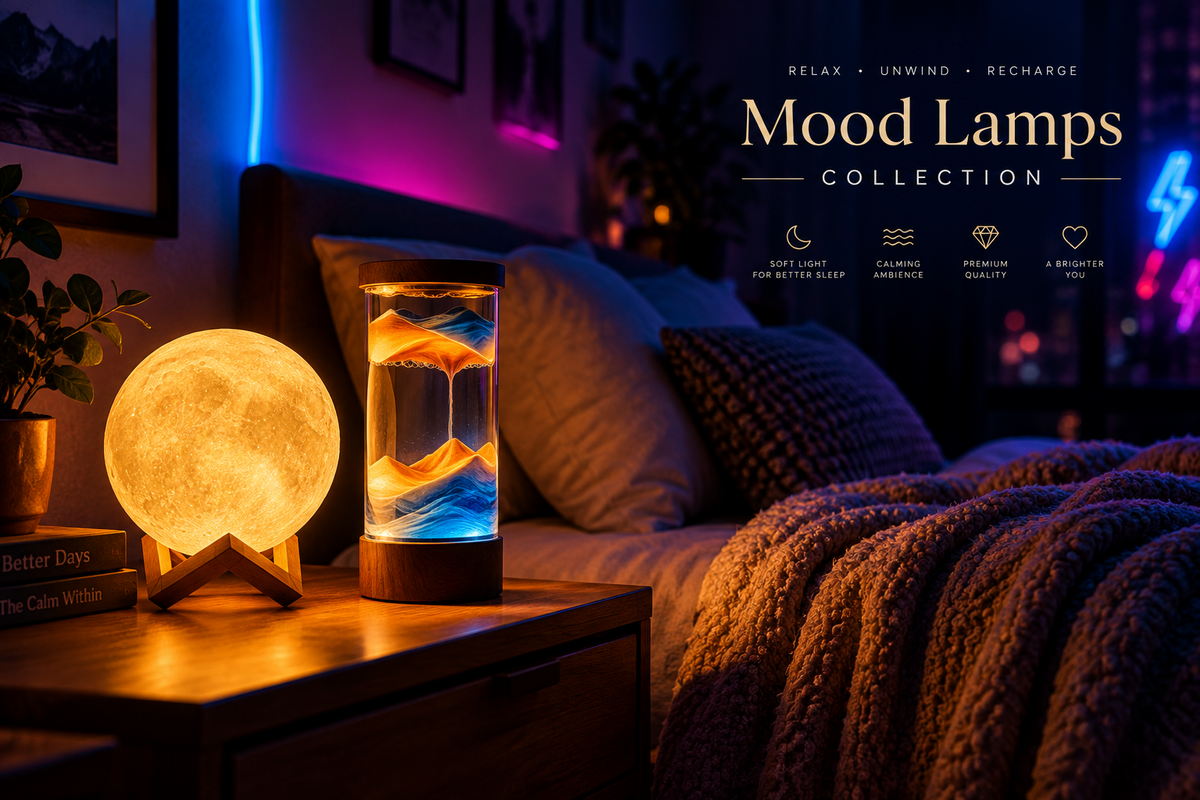 A cozy bedroom scene with two mood lamps on a wooden bedside table. On the left is a glowing textured moon lamp, and on the right is a cylindrical glass lamp with layered warm and cool light inside.