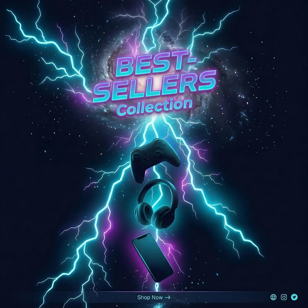 Promotional graphic for a 'Best-Sellers Collection' featuring a glowing neon title over floating gaming accessories: a game controller, over-ear headphones, and a smartphone, surrounded by electric lightning bolts in blue and purple against a dark space background.